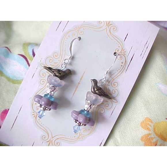B2G1 Spring Floral Purple Bird Earrings Handmade Fairy Core Cottage Shabby Chic - Picture 2 of 2